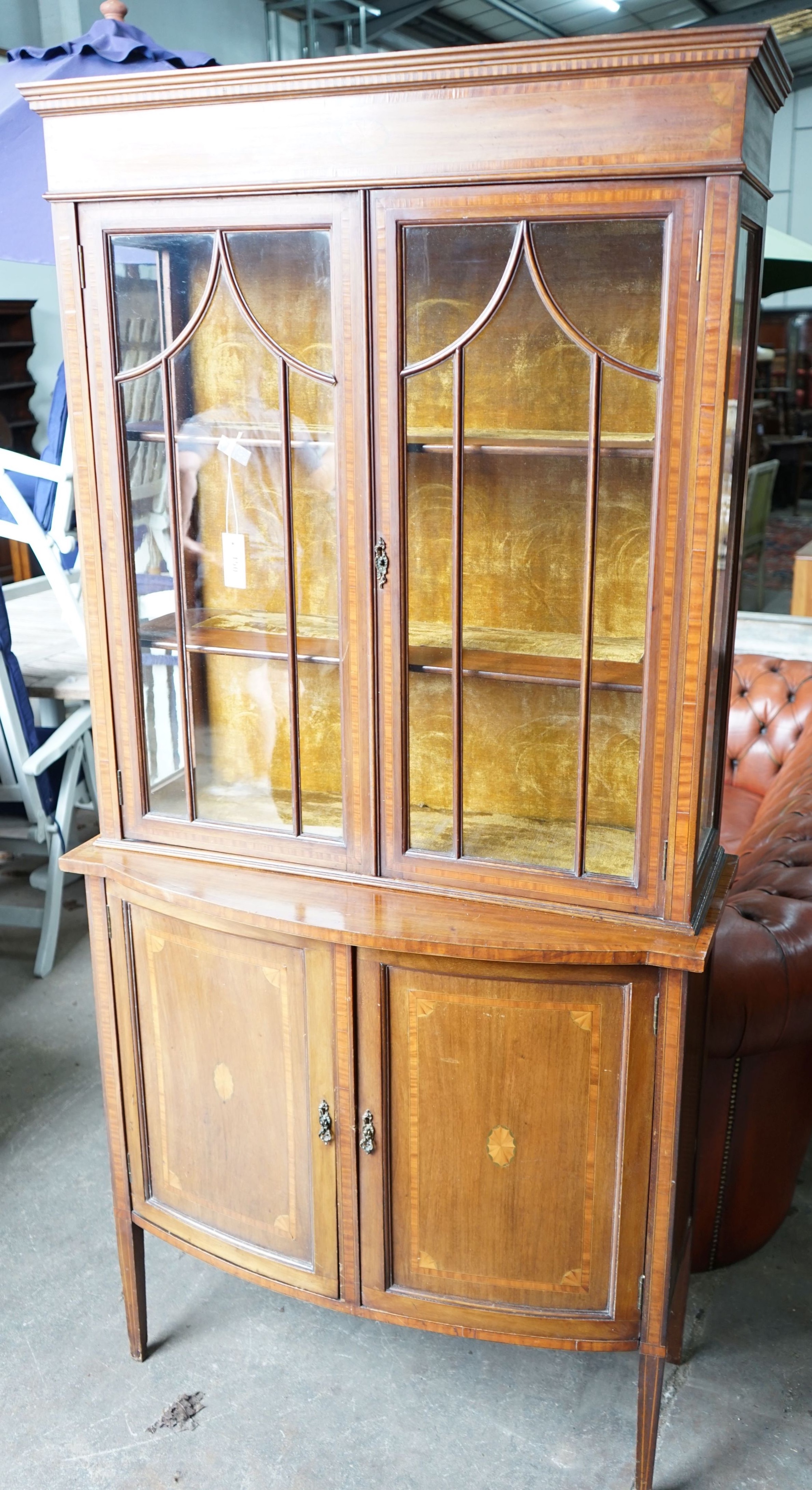 An Edwardian inlaid and satinwood banded mahogany bowfront display cabinet, width 92cm, depth 42cm, height 191cm